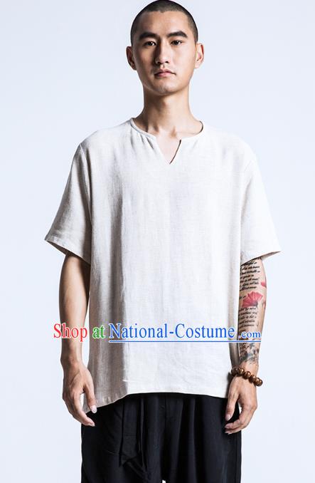 Asian China National Costume White Linen T-Shirts, Traditional Chinese Tang Suit Upper Outer Garment Clothing for Men