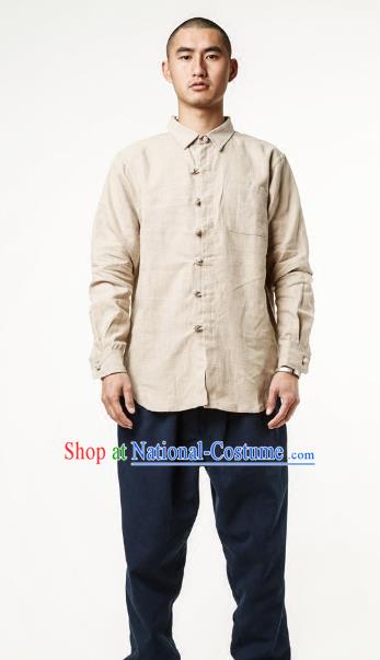 Asian China National Beige Linen Costume Martial Arts Kung Fu Shirts, Traditional Chinese Tang Suit Upper Outer Garment Clothing for Men