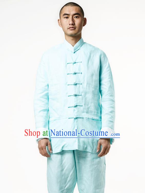 Asian China National Green Linen Costume Martial Arts Kung Fu Training Uniform, Traditional Chinese Tang Suit Shaolin Wushu Clothing for Men