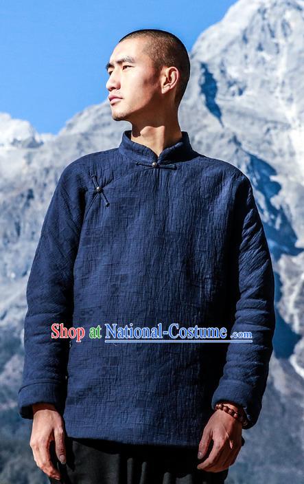 Asian China National Blue Linen Costume Martial Arts Kung Fu Jacket, Traditional Chinese Tang Suit Upper Outer Garment Coat Clothing for Men