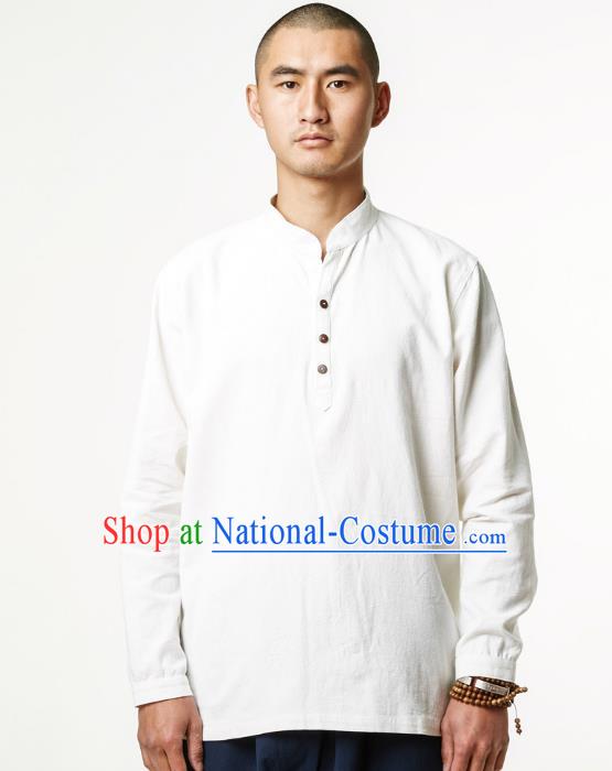 Asian China National Costume White Linen Shirts, Traditional Chinese Tang Suit Upper Outer Garment Clothing for Men