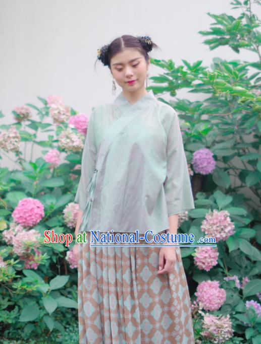 Asian China National Costume Green Linen Hanfu Shirts, Traditional Chinese Tang Suit Slant Opening Upper Outer Garment Clothing for Women