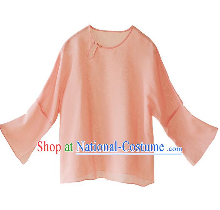 Asian China National Costume Pink Silk Hanfu Blouse, Traditional Chinese Tang Suit Cheongsam Upper Outer Garment Clothing for Women