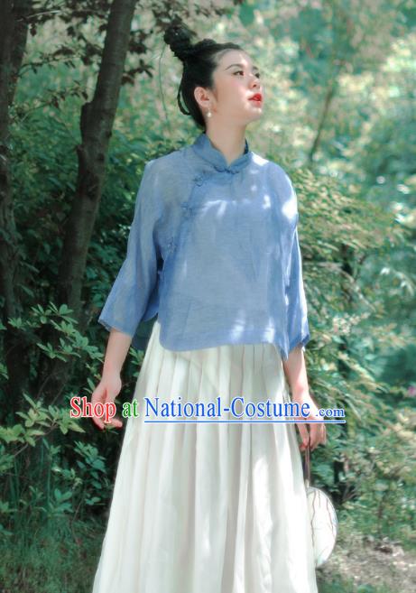 Asian China National Costume Blue Silk Hanfu Blouse, Traditional Chinese Tang Suit Cheongsam Shirts Upper Outer Garment Clothing for Women