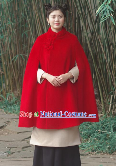 Asian China National Costume Slant Opening Red Woolen Hanfu Cloak, Traditional Chinese Tang Suit Cheongsam Cape Upper Outer Garment Clothing for Women