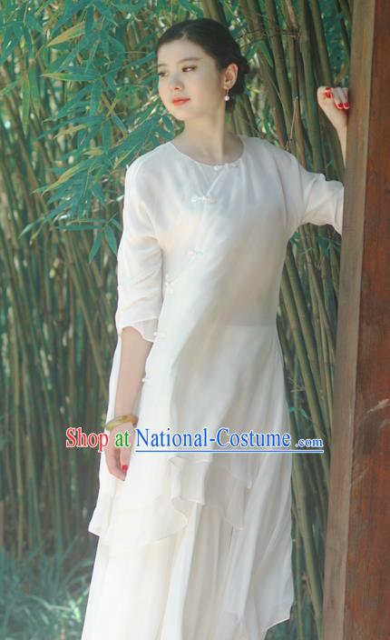 Asian China National Costume Slant Opening White Silk Hanfu Qipao Dress, Traditional Chinese Tang Suit Cheongsam Clothing for Women