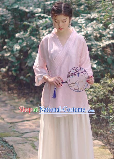 Asian China National Costume Slant Opening Pink Silk Hanfu Qipao Shirts, Traditional Chinese Tang Suit Cheongsam Blouse Clothing for Women