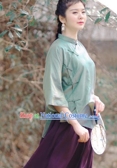 Asian China National Costume Slant Opening Green Silk Hanfu Qipao Shirts, Traditional Chinese Tang Suit Cheongsam Blouse Clothing for Women