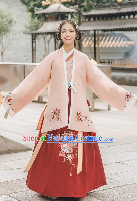 Asian China Ming Dynasty Palace Lady Embroidered Costume, Traditional Ancient Chinese Princess Elegant Hanfu Pink Cardigan for Women