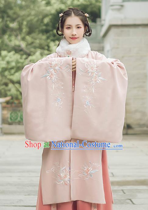 Asian China Ming Dynasty Palace Lady Embroidered Costume, Traditional Ancient Chinese Princess Elegant Hanfu Pink Cardigan for Women