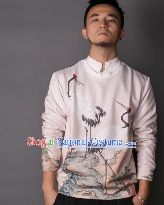 Asian China National Costume Printing Crane Sweater, Traditional Chinese Tang Suit Hoodie Clothing for Men