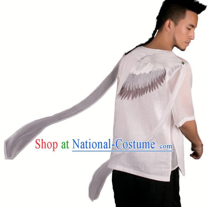 Asian China National Costume Embroidered Crane White Linen Shirt, Traditional Chinese Tang Suit Underwear Clothing for Men