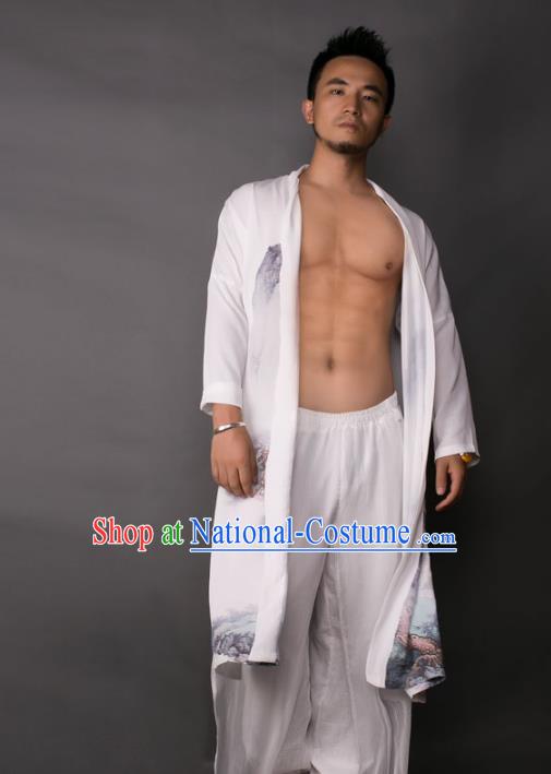 Asian China National Costume Ink Painting Dust Coat, Traditional Chinese Tang Suit Long Cardigan Clothing for Men