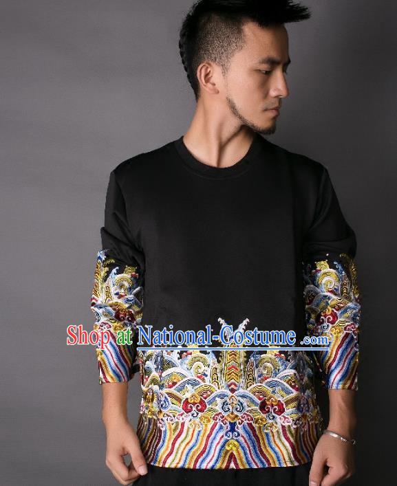 Asian China National Costume Embroidery Black Sweater, Traditional Chinese Tang Suit Hoodie Clothing for Men