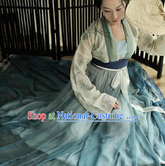 Asian China Tang Dynasty Palace Lady Embroidered Lotus Costume, Traditional Ancient Chinese Imperial Princess Elegant Hanfu Dress for Women