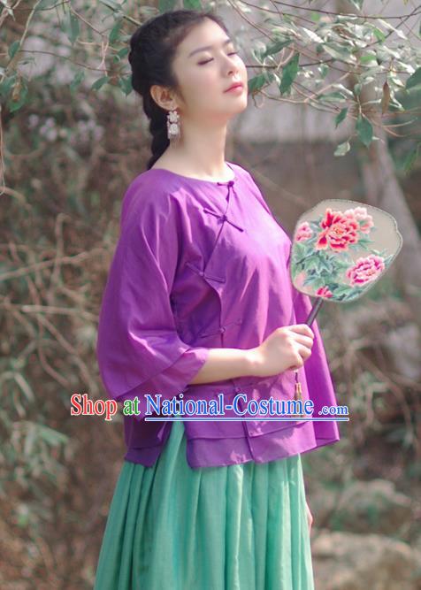 Asian China National Costume Slant Opening Deep Purple Silk Hanfu Qipao Shirts, Traditional Chinese Tang Suit Cheongsam Blouse Clothing for Women