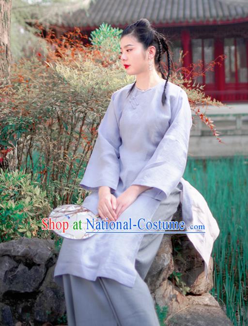 Asian China National Costume Blue Linen Silk Hanfu Qipao Dress, Traditional Chinese Tang Suit Cheongsam Clothing for Women