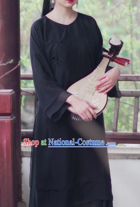 Asian China National Costume Black Silk Hanfu Qipao Dress, Traditional Chinese Tang Suit Cheongsam Clothing for Women