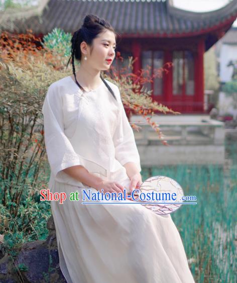 Asian China National Costume White Linen Hanfu Qipao Shirts Upper Outer Garment, Traditional Chinese Tang Suit Cheongsam Blouse for Women