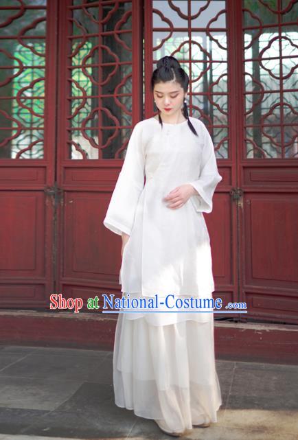 Asian China National Costume White Linen Hanfu Qipao Dress, Traditional Chinese Tang Suit Cheongsam Blouse Clothing for Women