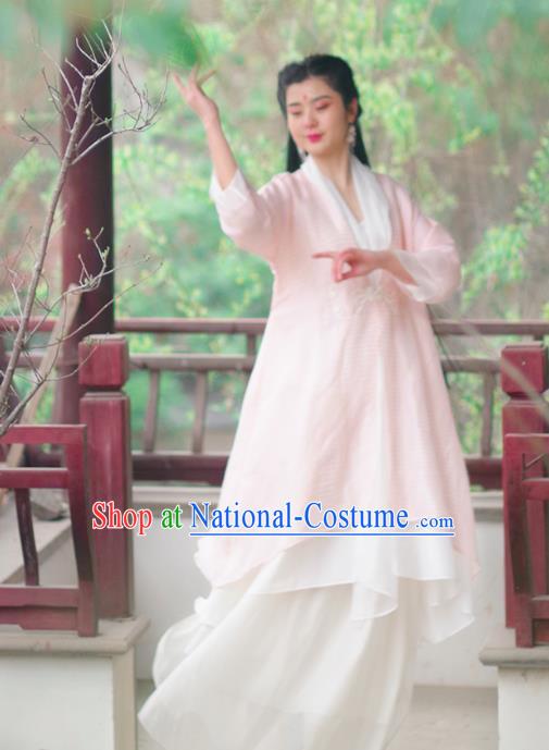 Asian China National Costume Pink Silk Hanfu Robe, Traditional Chinese Tang Suit Cheongsam Shirts Upper Outer Garment Clothing for Women