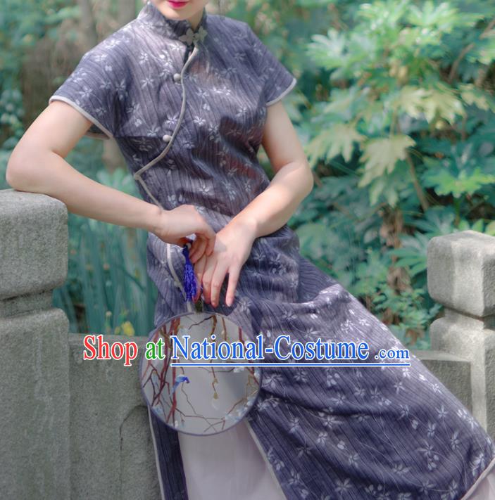 Asian China National Costume Hanfu Printing Linen Qipao Dress, Traditional Chinese Tang Suit Cheongsam Clothing for Women