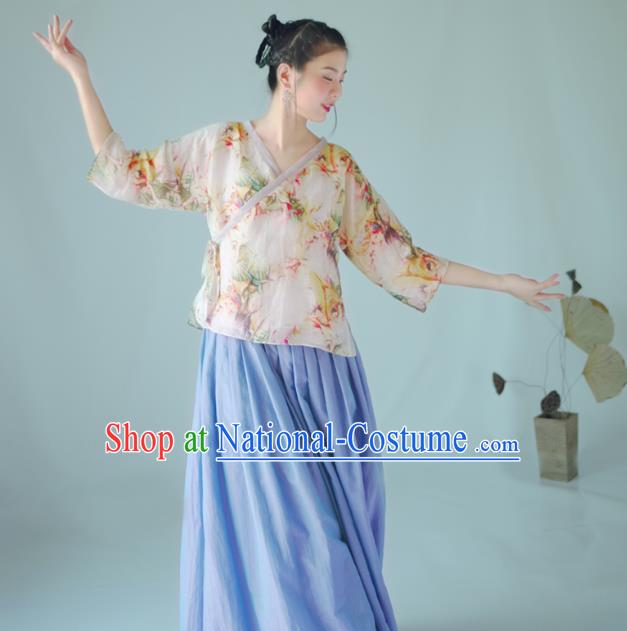 Asian China National Costume Hanfu Slant Opening Printing Flowers Silk Qipao Blouse, Traditional Chinese Tang Suit Cheongsam Shirts Clothing for Women