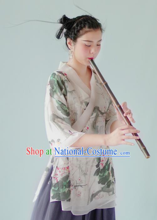 Asian China National Costume Hanfu Slant Opening Printing Peony Flowers Silk Qipao Blouse, Traditional Chinese Tang Suit Cheongsam Shirts Clothing for Women