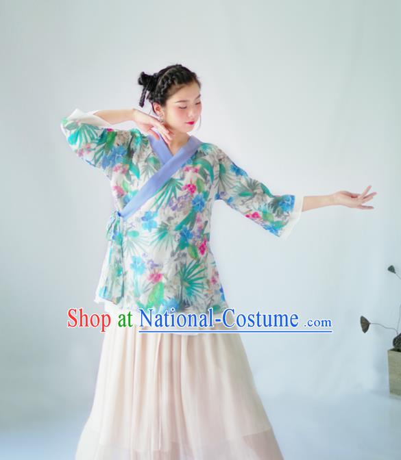 Asian China National Costume Hanfu Slant Opening Printing Green Flowers Silk Qipao Blouse, Traditional Chinese Tang Suit Cheongsam Shirts Clothing for Women