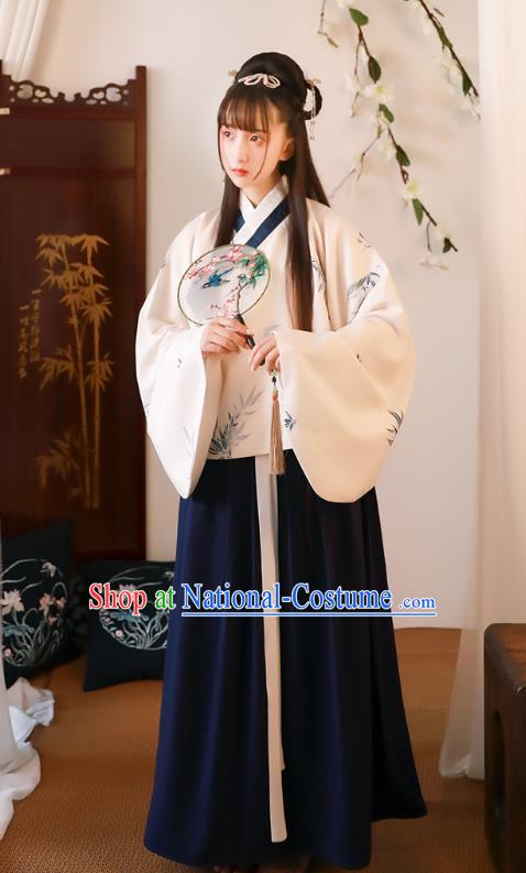 Asian China Ming Dynasty Palace Lady Printing Bamboo Costume, Traditional Ancient Chinese Princess Elegant Hanfu Clothing for Women