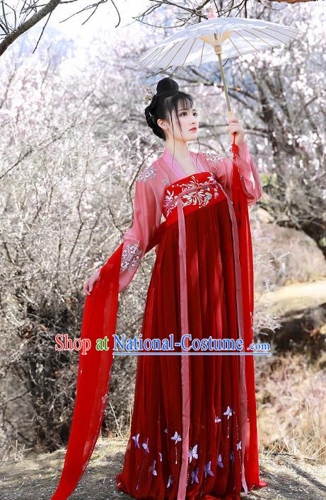 Asian China Tang Dynasty Princess Red Slip Skirt Costume, Traditional Ancient Chinese Palace Lady Embroidered Elegant Hanfu Clothing for Women