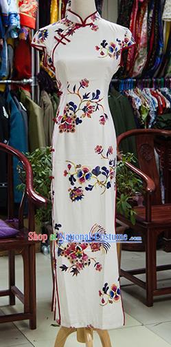 Traditional Ancient Chinese Republic of China White Cheongsam, Asian Chinese Chirpaur Printing Flower Qipao Dress Clothing for Women