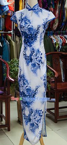 Traditional Ancient Chinese Republic of China Blue Printing Cheongsam, Asian Chinese Chirpaur Qipao Dress Clothing for Women