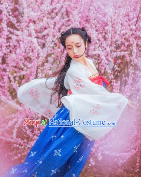 Traditional Chinese Ancient Costume Palace Lady Slip Skirt, Asian China Tang Dynasty Imperial Princess Hanfu Blue Dress Clothing for Women