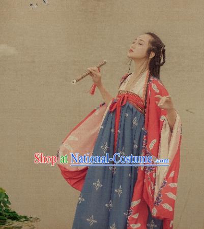 Traditional Chinese Ancient Costume Palace Lady Blue Slip Skirt, Asian China Tang Dynasty Imperial Princess Hanfu Dress Clothing for Women