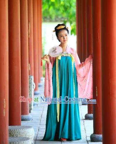 Traditional Chinese Ancient Palace Lady Blue Slip Skirt Costume, Asian China Tang Dynasty Imperial Concubine Hanfu Dress Clothing for Women