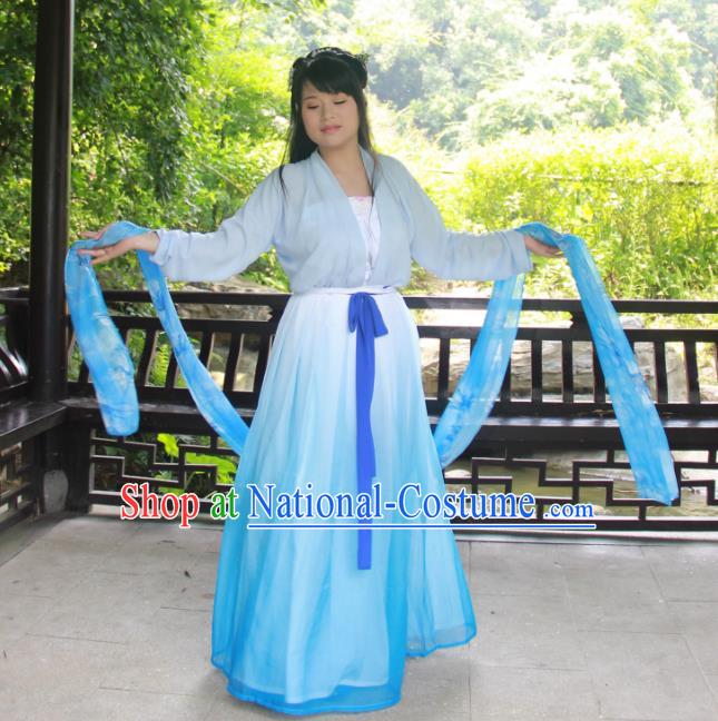 Traditional Ancient Chinese Princess Hanfu Costume, Asian China Tang Dynasty Palace Lady Blue Dress Clothing for Women