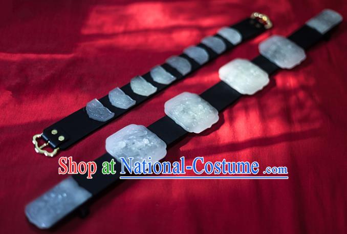 Traditional Ancient Chinese Emperor Hanfu Jade Belts, Asian China Ming Dynasty Imperial Guards Leather Waistband for Men