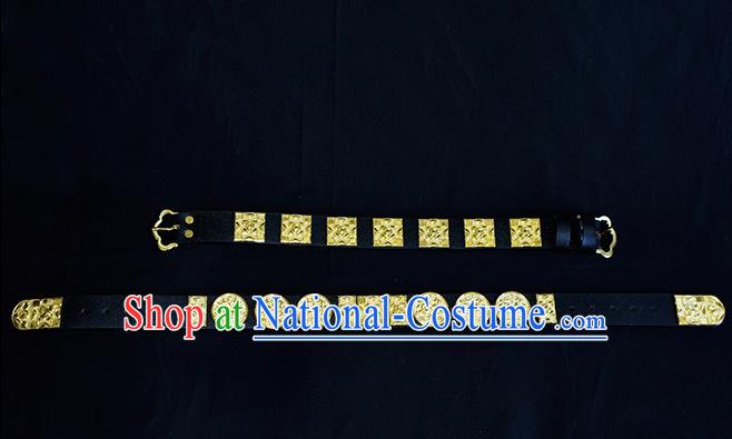 Traditional Ancient Chinese Hanfu Black Belts, Asian China Ming Dynasty Imperial Guards Leather Waistband for Men