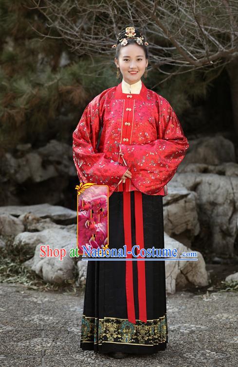 Traditional Chinese Ancient Costume Princess Red Embroidered Blouse and Skirt, Asian China Ming Dynasty Palace Lady Hanfu Clothing for Women