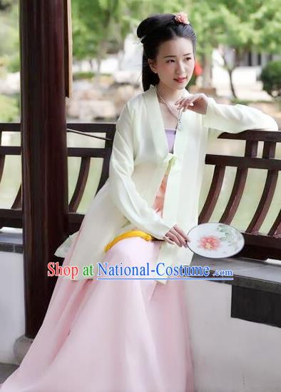 Traditional Chinese Ancient Costume Princess Light Yellow Silk BeiZi and Skirt, Asian China Song Dynasty Palace Lady Hanfu Clothing for Women