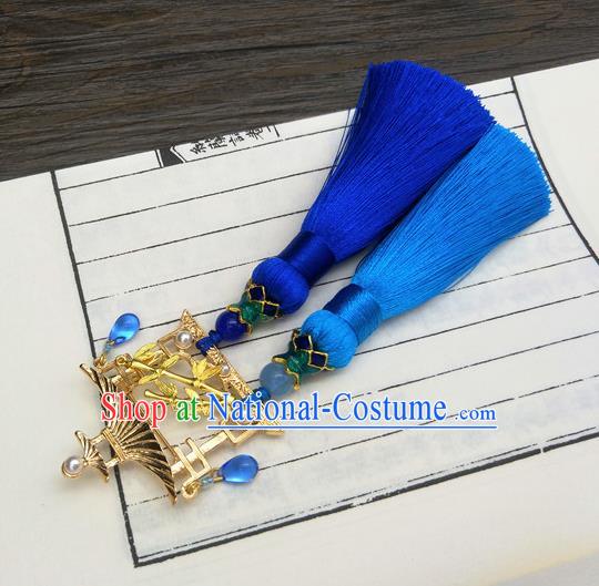 Traditional Handmade Chinese Ancient Classical Hanfu Accessories Blue Tassel Breastpin Pendant Brooch for Women