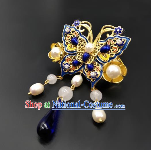 Traditional Handmade Chinese Ancient Classical Hanfu Blueing Butterfly Breastpin Brooch for Women