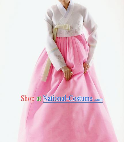 Traditional Korean Costumes Bride Formal Attire Ceremonial White Blouse and Pink Dress, Korea Hanbok Court Embroidered Clothing for Women