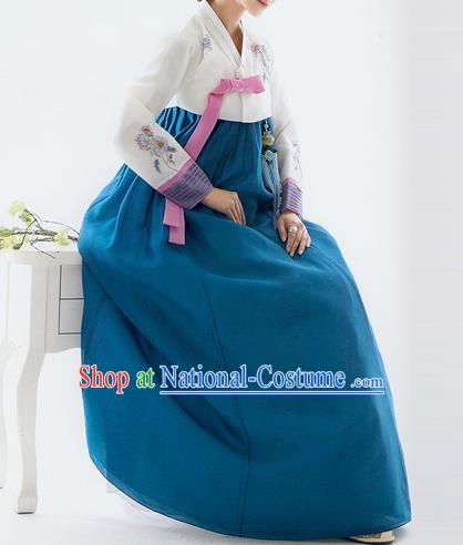 Traditional Korean Costumes Bride Wedding White Blouse and Blue Silk Dress, Korea Hanbok Princess Court Embroidered Clothing for Women