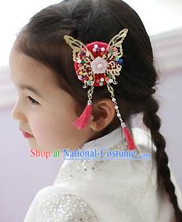 Traditional Korean Hair Accessories Red Butterfly Tassel Hair Clasp, Asian Korean Fashion Headwear Headband for Kids