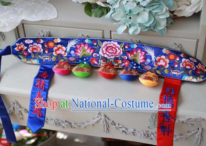 Traditional Korean Accessories Embroidered Blue Waist Belts, Asian Korean Fashion Wedding Tassel Waistband Decorations for Kids