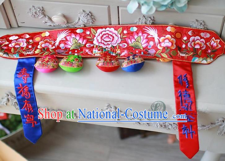 Traditional Korean Accessories Embroidered Red Waist Belts, Asian Korean Fashion Wedding Tassel Waistband Decorations for Kids