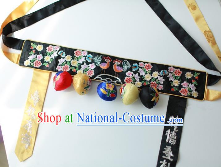 Traditional Korean Accessories Embroidered Black Waist Belts, Asian Korean Fashion Wedding Tassel Waistband for Kids