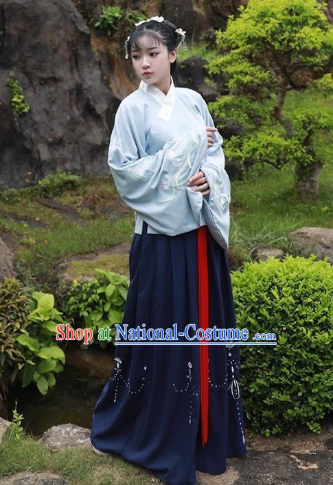 Asian China Ming Dynasty Palace Lady Costume Embroidered Sleeve Placket Blouse and Skirt for Women